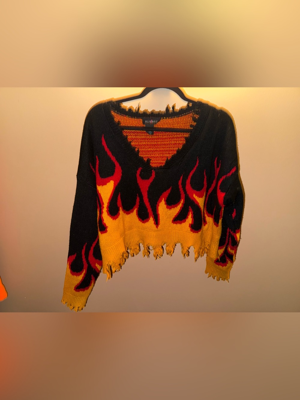 Distressed Flame V-Neck Crop Sweater - Black, Yellow & Red